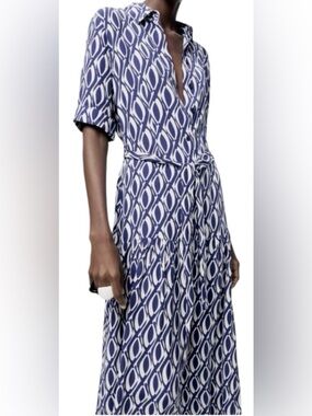 Zara MIDI Shirt Dress - Blue & White Print - Size XL (2024)
